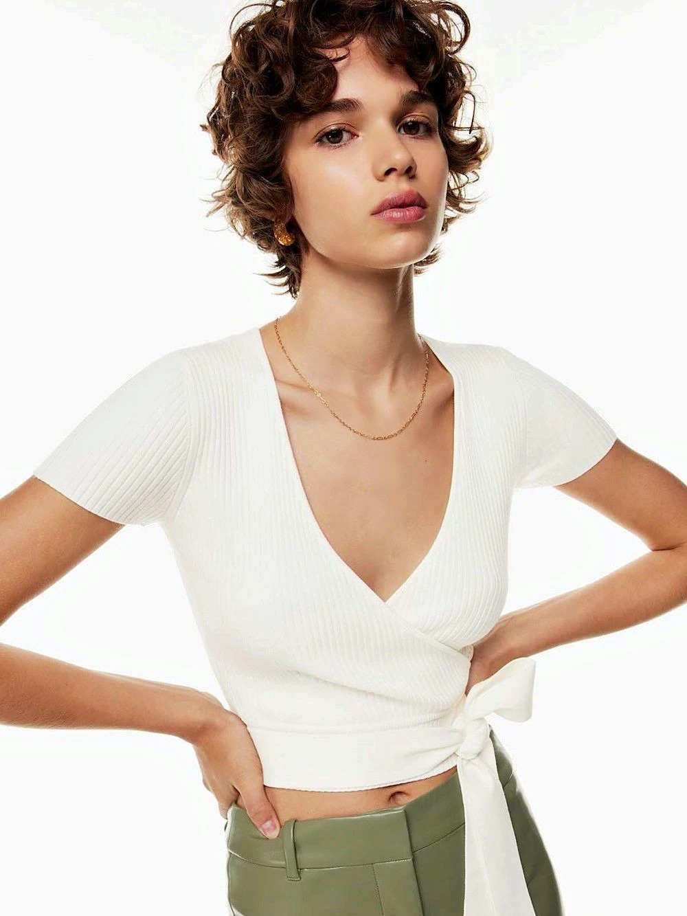 Wilfred All Tied Up Sweater Ribbed Wrap Top White Medium